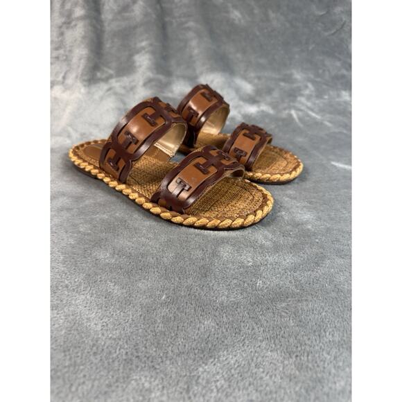 New! Sam Edelman Tatum Sandals Size 5 Brown Leather Woven Raffia Slide - Picture 1 of 8